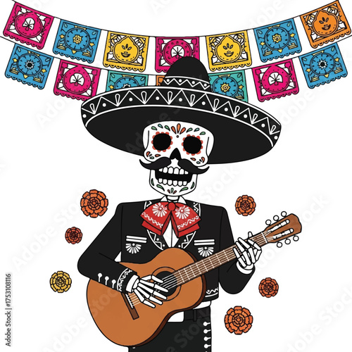 A colorful skeleton dressed in a black charro suit and sombrero plays a guitar under vibrant papel picado banners and surrounded by festive decorations.
