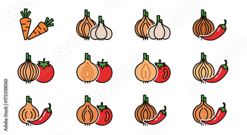 Twelve sets of vegetables including carrots, onions, garlic, tomatoes, and chili peppers arranged in a grid on a white background.