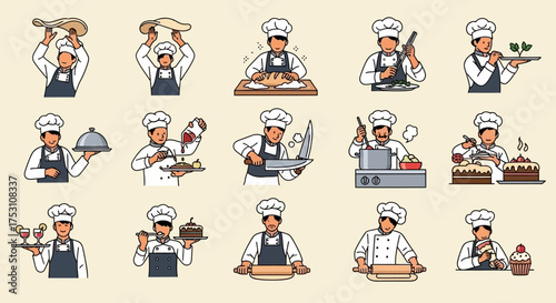 Collection of cartoon chef illustrations depicting various cooking and baking actions, including preparing dough, slicing meat, and serving dishes.