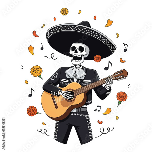 A skeleton dressed in a mariachi costume playing a guitar with flowers and music notes around it on a white background with a festive and lively mood.
