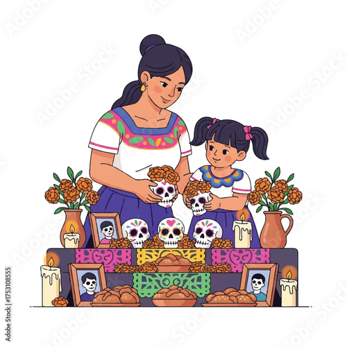 Illustration of a woman and a girl decorating a Day of the Dead altar with sugar skulls and marigolds against a plain white background.