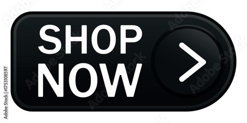 Shop now 3d glossy button. Vector isolated on white background.