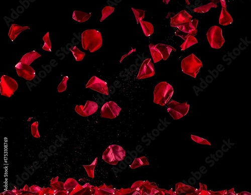 黒い背景にたくさんの赤いばらの花びらが舞っているシームレスの背景