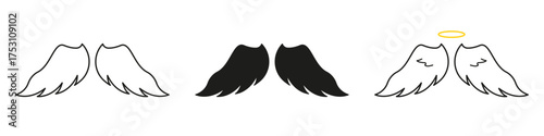 Angel Wings With Halo Line And Solid Icon Set. Spirituality, Protection, And Guardian Symbol Outline And Silhouette Symbol Collection. Isolated Vector Illustration