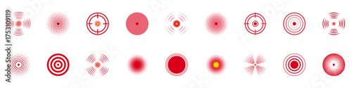 Red Target And Radar Signal Icon Set. Precision, Focus, And Signal Detection Symbol Collection. Includes Targeting, Radar, And Wave Patterns. Isolated Vector Illustration