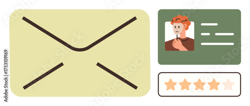 Envelope surrounded by a profile card with a photo, text detail, and star rating bar. Ideal for communication, customer feedback, profile management, service quality, user review, business