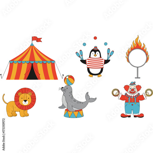 Colorful collection of cute cartoon circus characters and elements.