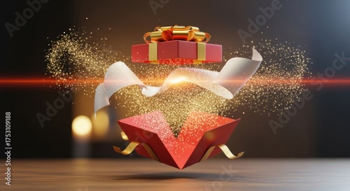 Floating gift above open box with golden sparkles and a bright light