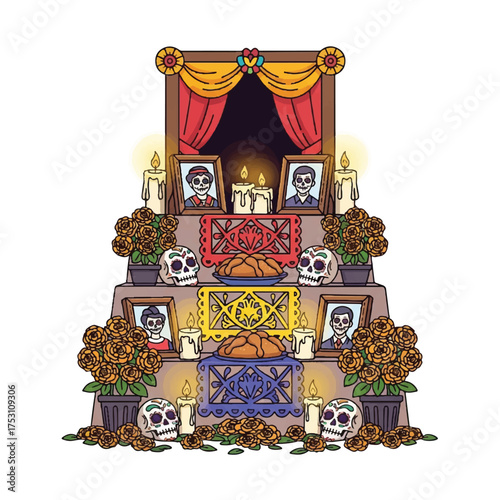 Illustration of a traditional Mexican Day of the Dead altar with skulls, candles, and photographs in a colorful, ornate setting.