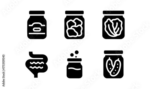 Simple black silhouette icons of fermented goods in jars