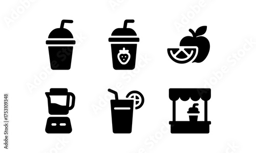 Smoothie icons set: black silhouettes of juices, blenders, and fruits