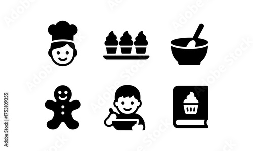 Baking icons set featuring chef, desserts, and cooking tools in silhouette style
