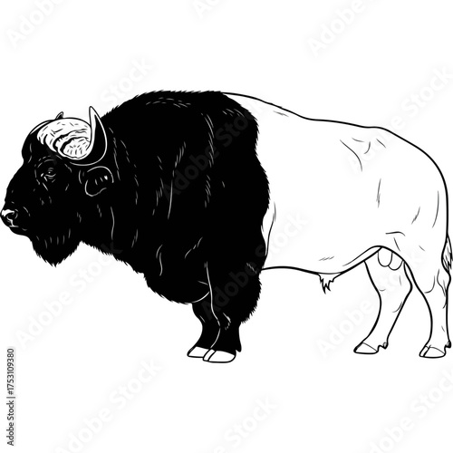 Detailed Black and White Drawing of a Bison.