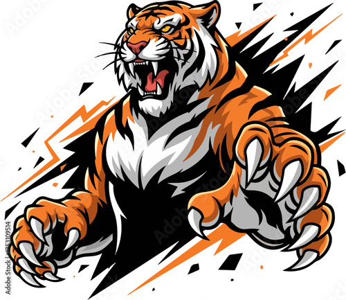 Vector illustration of a roaring tiger mascot with sharp claws and dynamic lightning