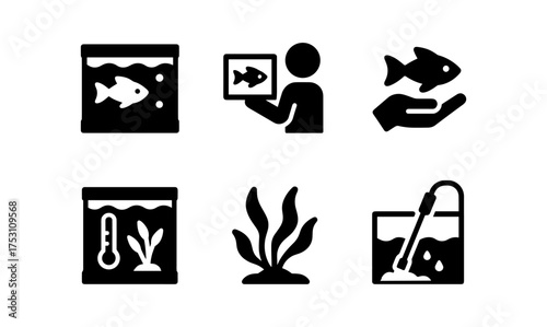Aquarium silhouette icons: fish care, maintenance, and equipment essentials