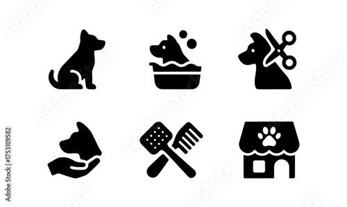 Pet grooming silhouettes: icons of dog care, grooming tools, and pet shop