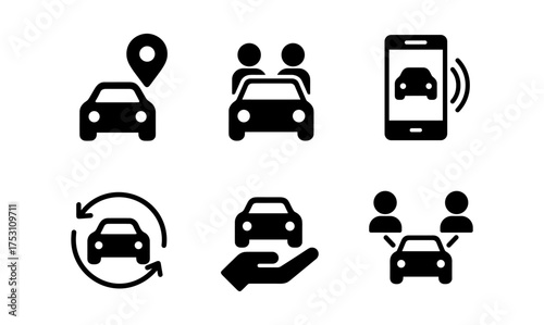 Car sharing icons set featuring carpooling, location, and mobile connectivity in black silhouette style