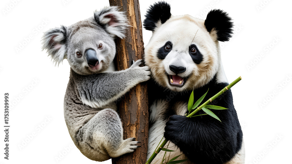 Naklejka premium A koala and a panda bear are friends on a white background.