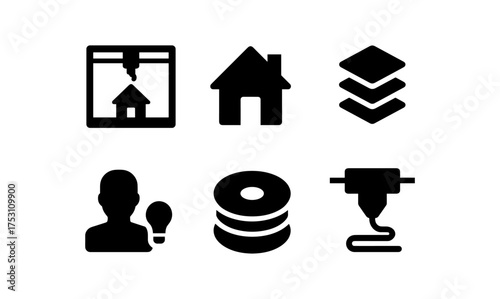 3d printing and home innovation icons set in minimalist silhouette style