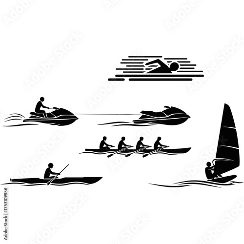 Water sports activities including jet skis, rowing, swimming, and windsurfing on the water.