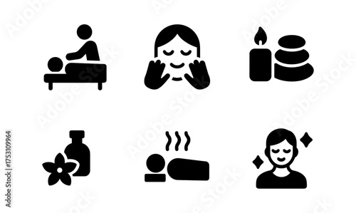 Relaxation therapy icons set: massage, aromatherapy, facial care, spa elements