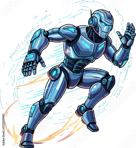 Dynamic illustration of a futuristic humanoid robot sprinting with high speed