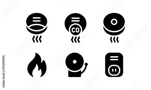 Emergency and safety icon set featuring fire, alarm, and detector symbols