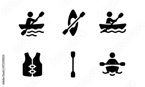 Set of kayaking icons: adventure symbols with paddles, boats, and gear