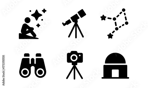 Astronomy icon set: stargazing, telescopes, observatories, and stars