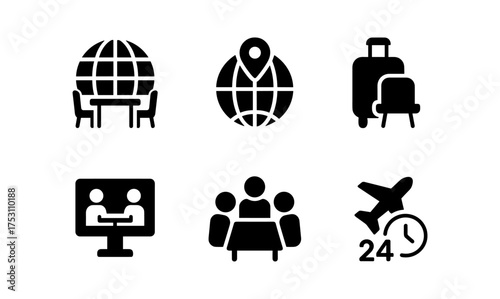 Business travel and meeting icons set for global communication and transport