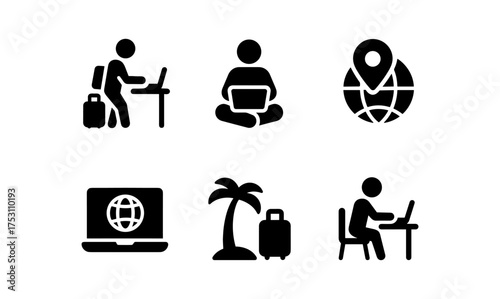 Silhouette travel and remote work icons for digital nomads