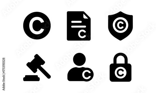 Copyright icons set: law, document, protection, and security symbols