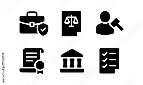 Legal and business icons set: briefcase, gavel, certificate, justice, building, checklist