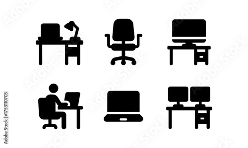 Silhouette office workspace set: desks, chairs, computers for modern work environment