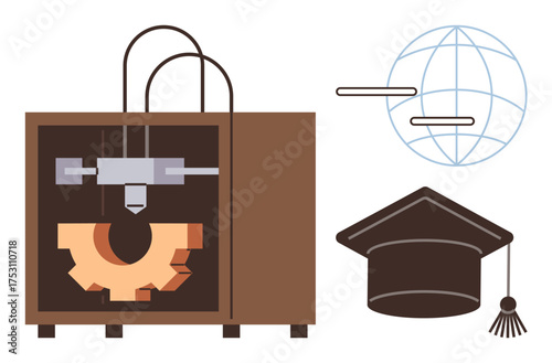 3D printer crafting gear, globe with connection lines, graduation cap bridging innovation, knowledge, and global education themes. Ideal for tech learning, STEM, innovation, online learning digital