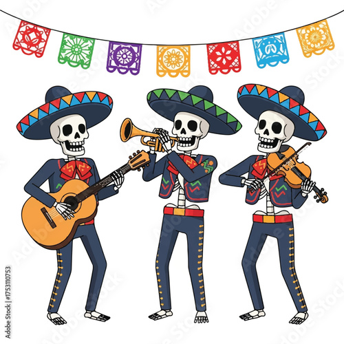 Three skeleton musicians in mariachi costumes playing guitar, trumpet, and violin under colorful papel picado banners.