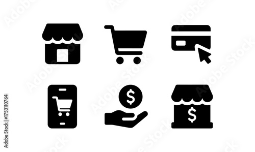 E-commerce icons: shopping cart, storefront, payment methods in black silhouette style