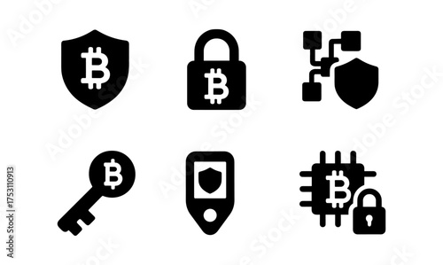 Cryptocurrency security icons: bitcoin shield, lock, blockchain network, key, wallet, circuit lock