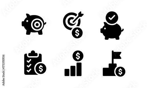 Financial growth icons collection with piggy bank, target, and success symbols in black silhouette style