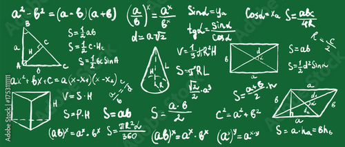 Hand drawn math formulas and geometric diagrams on green chalkboard. Vector sketch illustration in vintage crayon charcoal style. Back to school, mathematics study, university