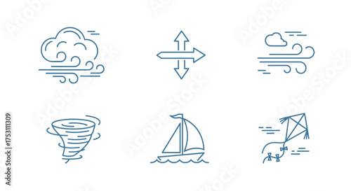 Wind weather line icon set. Air flow, breeze, gale pictogram collection. Meteorology symbols for forecast, including tornado, sailboat, and kite. Outline climate signs graphic.