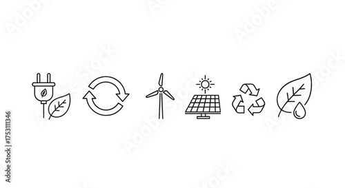 Sustainable energy vector icon pack. Green power, wind turbine, solar panel. Recycle symbol, eco plug, leaf and water drop. Environment and ecology conservation concept line art.