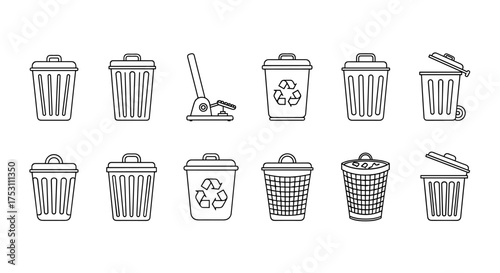 Trash can and recycling bin line icon set. Vector illustration of garbage containers, dustbins, and wastebaskets for waste management and disposal. Clean outline design collection.