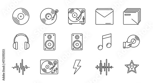Music and audio line icon set. Vector collection of DJ equipment symbols like vinyl record, turntable, headphones, and speakers. Thin line graphic elements for sound design.