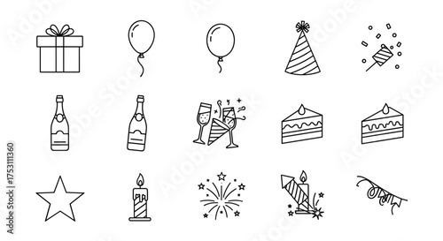 Party celebration outline icon set. Vector graphic elements for birthday, anniversary, or New Year. Gift box, balloon, hat, popper, champagne, cake, fireworks, candle, star.