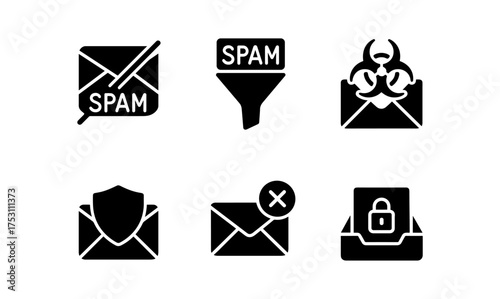 Silhouette icons of email spam and security: filter, biohazard, shield, lock
