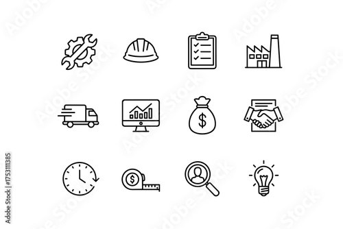 Business and industry line icon set. Vector icons for manufacturing, logistics, project management, finance. Symbols for engineering, production, analytics, agreement, idea.