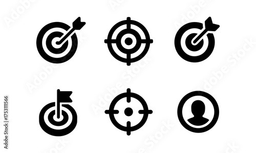 Set of target and focus icons in minimalist black silhouette style