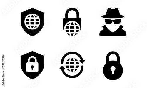 Cybersecurity icons set: lock, shield, hacker, internet security symbols