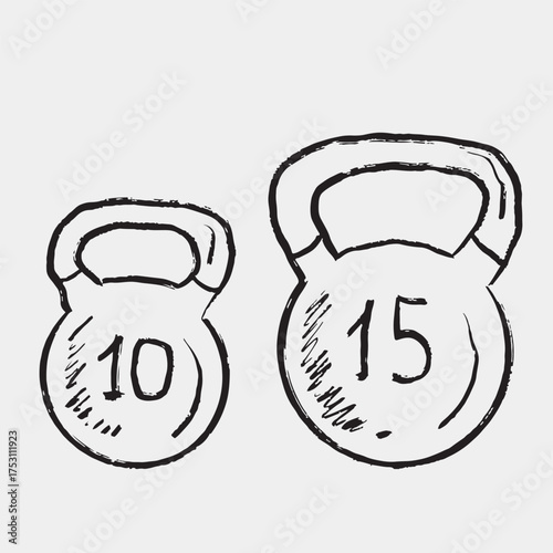 Hand drawn kettlebells. Vector sketch illustration in vintage crayon charcoal style. Classic gym weights marked 10 and 15 for workout, strength training, fitness, sports, crossfit.